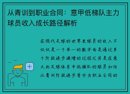 从青训到职业合同：意甲低梯队主力球员收入成长路径解析