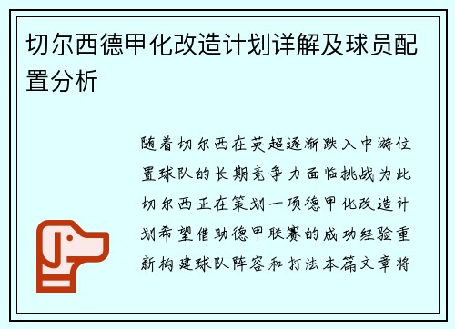 切尔西德甲化改造计划详解及球员配置分析