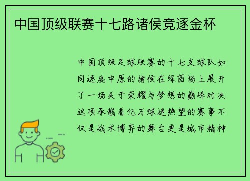 中国顶级联赛十七路诸侯竞逐金杯