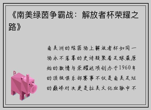 《南美绿茵争霸战：解放者杯荣耀之路》