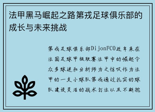 法甲黑马崛起之路第戎足球俱乐部的成长与未来挑战